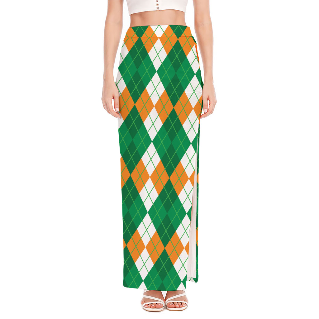 Green Orange And White Argyle Print High Slit Maxi Skirt