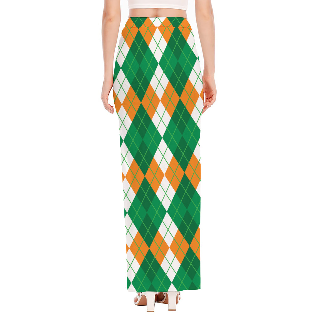 Green Orange And White Argyle Print High Slit Maxi Skirt