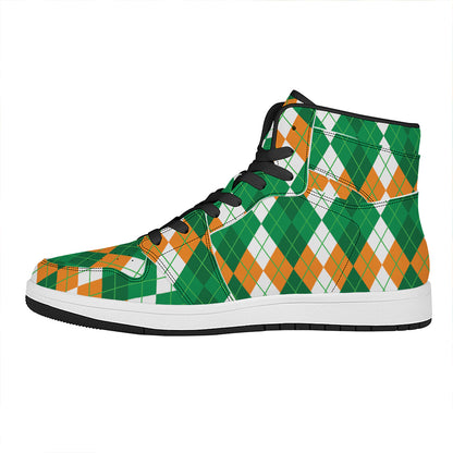 Green Orange And White Argyle Print High Top Leather Sneakers