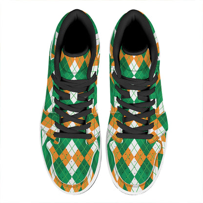 Green Orange And White Argyle Print High Top Leather Sneakers
