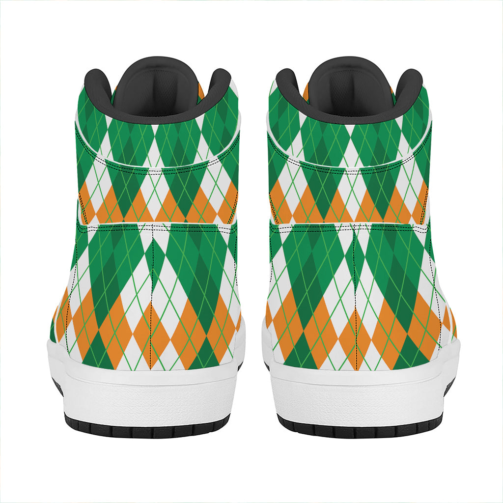 Green Orange And White Argyle Print High Top Leather Sneakers