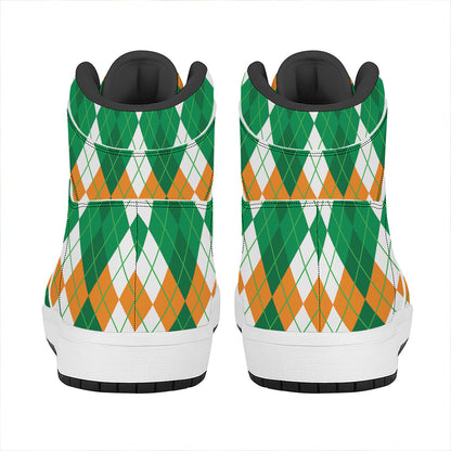 Green Orange And White Argyle Print High Top Leather Sneakers
