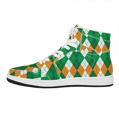 Green Orange And White Argyle Print High Top Leather Sneakers