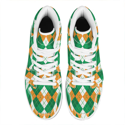 Green Orange And White Argyle Print High Top Leather Sneakers