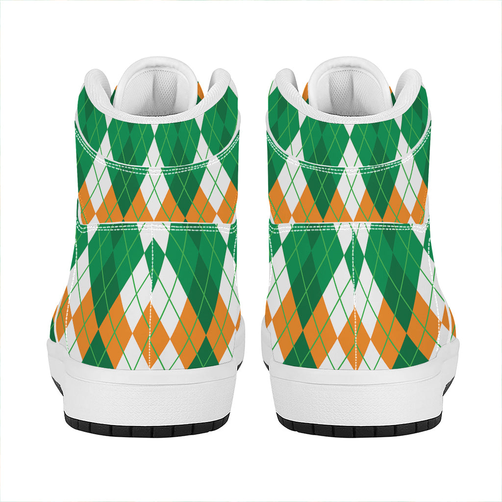 Green Orange And White Argyle Print High Top Leather Sneakers