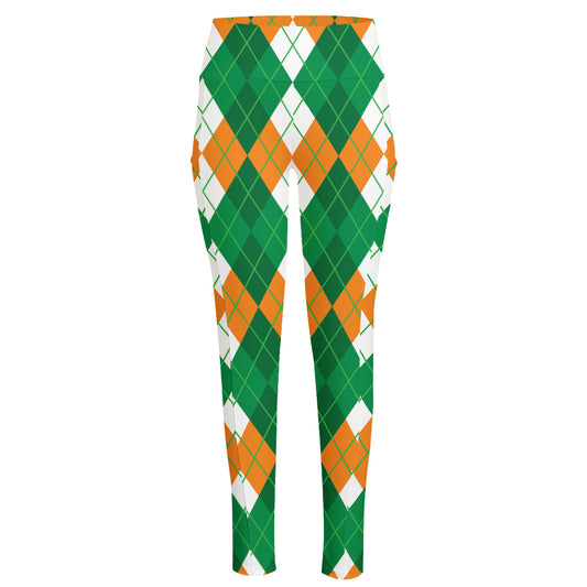 Green Orange And White Argyle Print High-Waisted Pocket Leggings