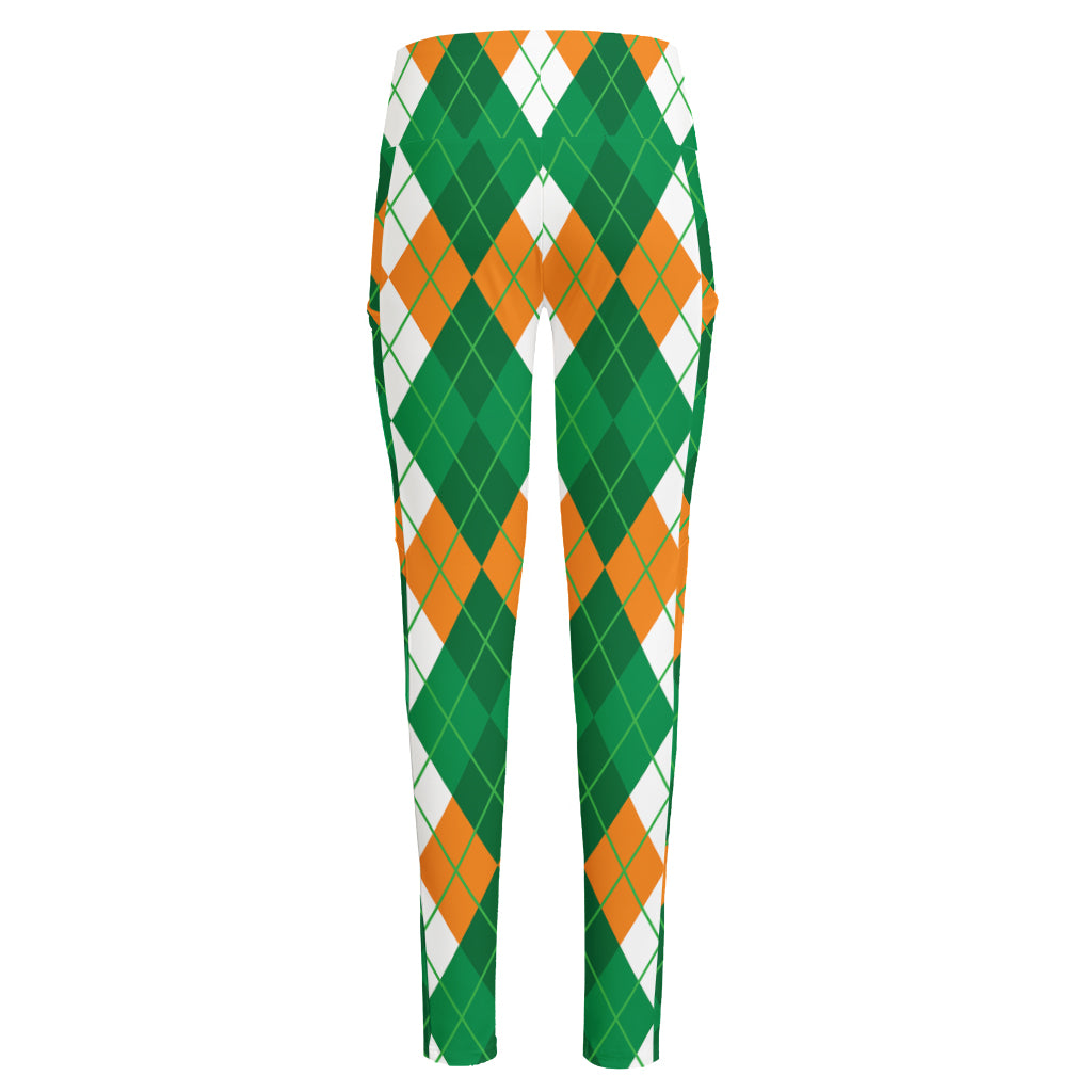 Green Orange And White Argyle Print High-Waisted Pocket Leggings