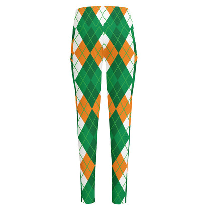 Green Orange And White Argyle Print High-Waisted Pocket Leggings