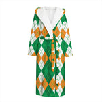 Green Orange And White Argyle Print Hooded Bathrobe
