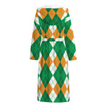 Green Orange And White Argyle Print Hooded Bathrobe