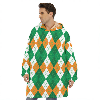 Green Orange And White Argyle Print Hoodie Blanket