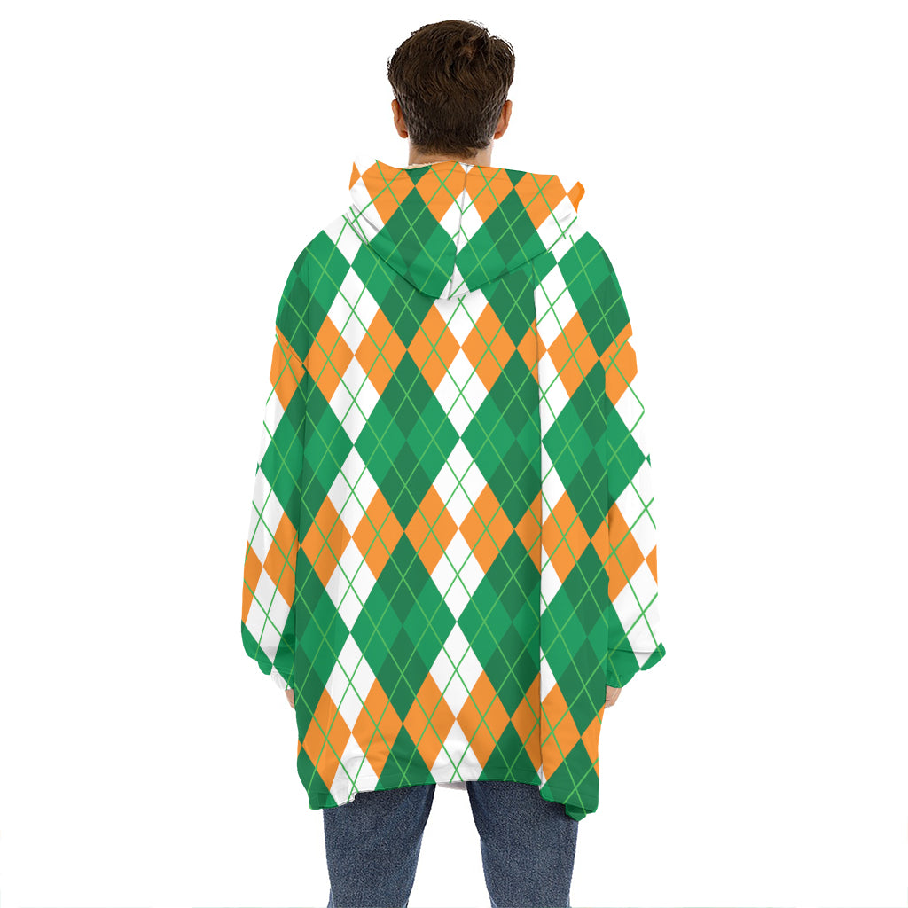 Green Orange And White Argyle Print Hoodie Blanket
