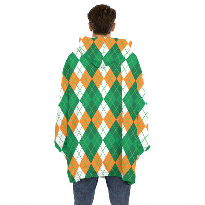 Green Orange And White Argyle Print Hoodie Blanket