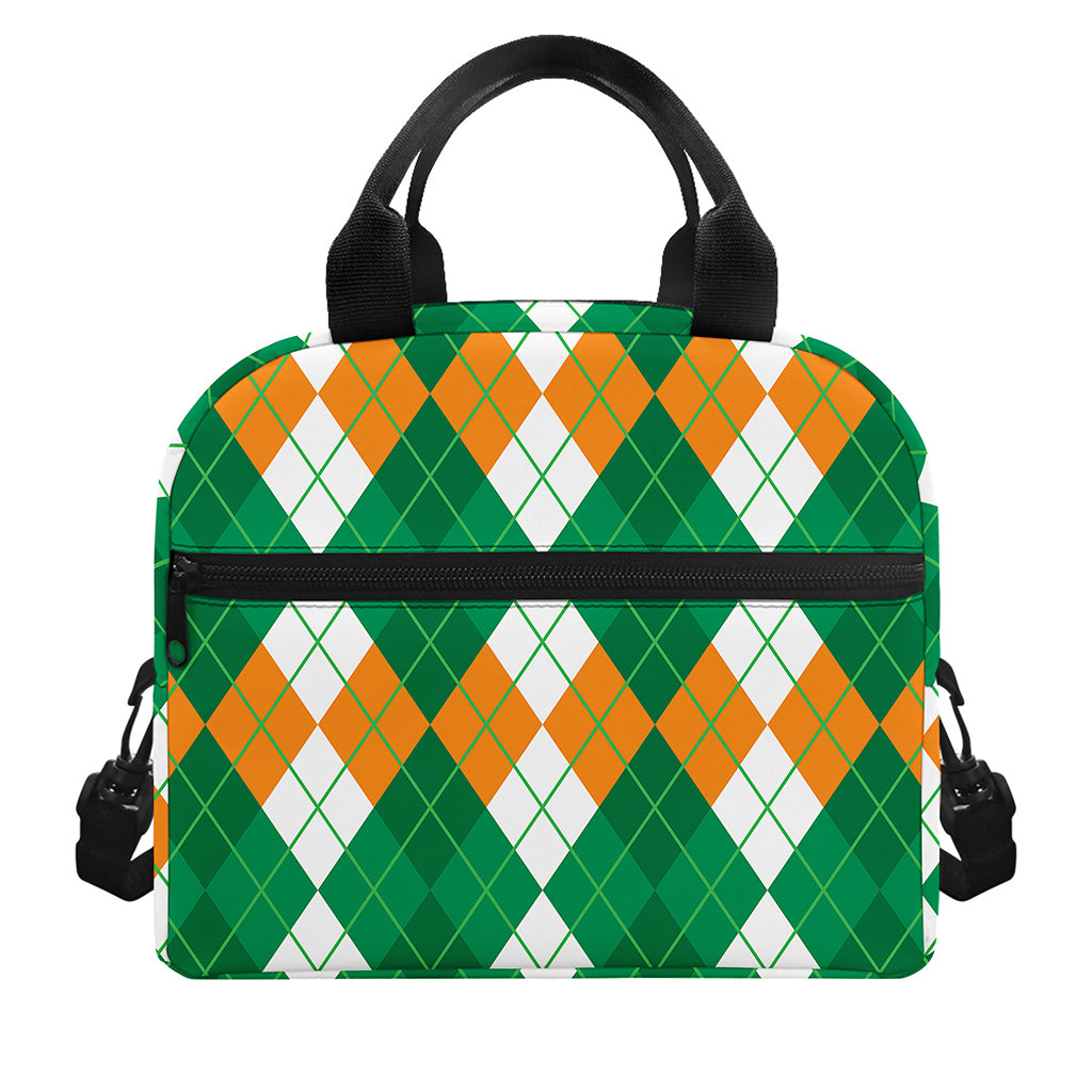 Green Orange And White Argyle Print Insulated Lunch Bag