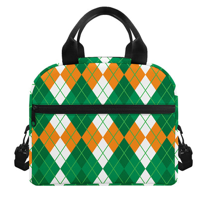 Green Orange And White Argyle Print Insulated Lunch Bag