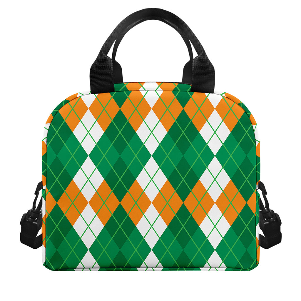 Green Orange And White Argyle Print Insulated Lunch Bag