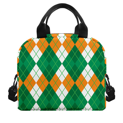 Green Orange And White Argyle Print Insulated Lunch Bag