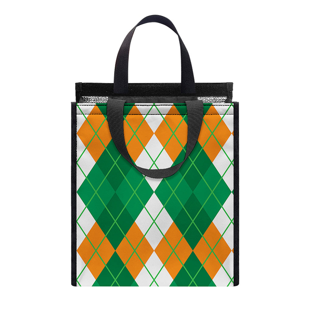 Green Orange And White Argyle Print Insulated Lunch Tote