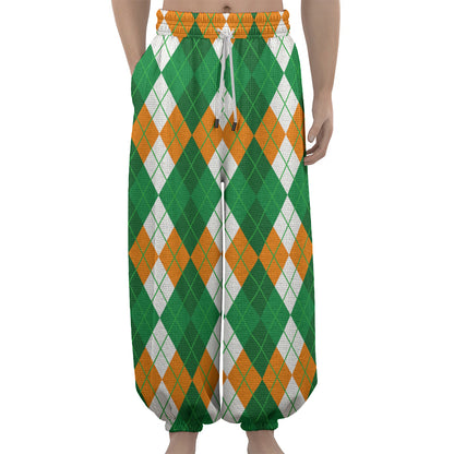 Green Orange And White Argyle Print Lantern Pants
