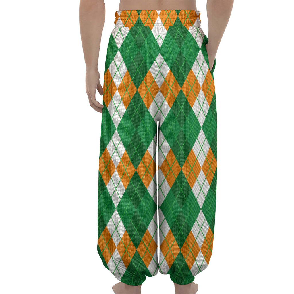 Green Orange And White Argyle Print Lantern Pants