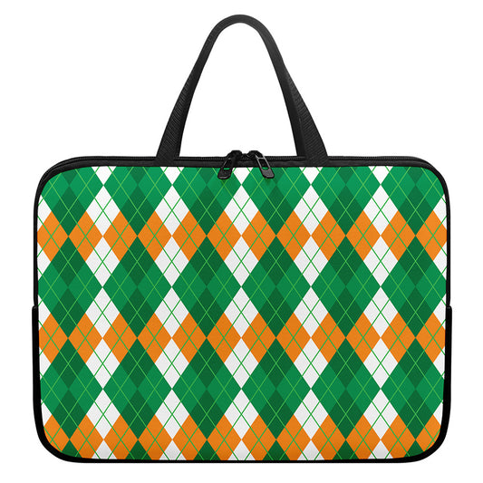 Green Orange And White Argyle Print Laptop Sleeve With Handle