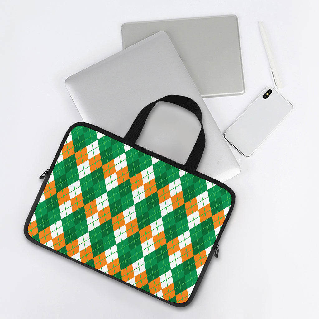 Green Orange And White Argyle Print Laptop Sleeve With Handle