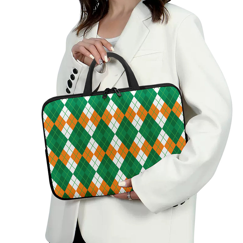 Green Orange And White Argyle Print Laptop Sleeve With Handle