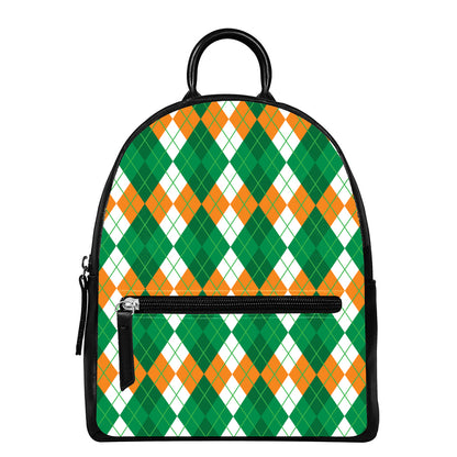 Green Orange And White Argyle Print Leather Backpack