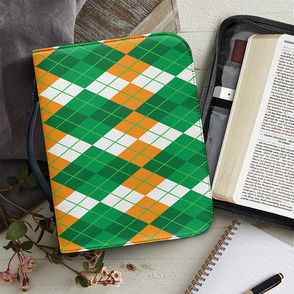Green Orange And White Argyle Print Leather Bible Cover