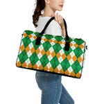 Green Orange And White Argyle Print Leather Duffle Bag