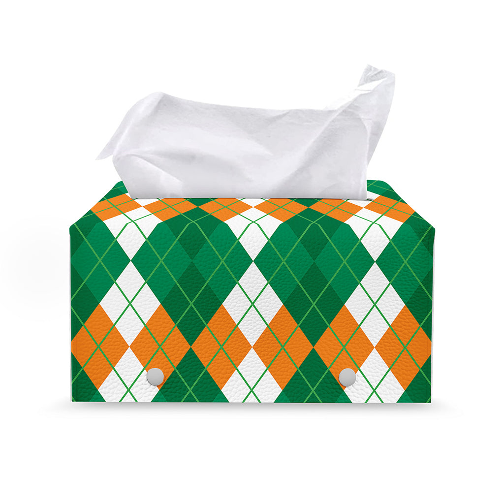 Green Orange And White Argyle Print Leather Tissue Box Cover