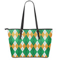 Green Orange And White Argyle Print Leather Tote Bag With Zipper