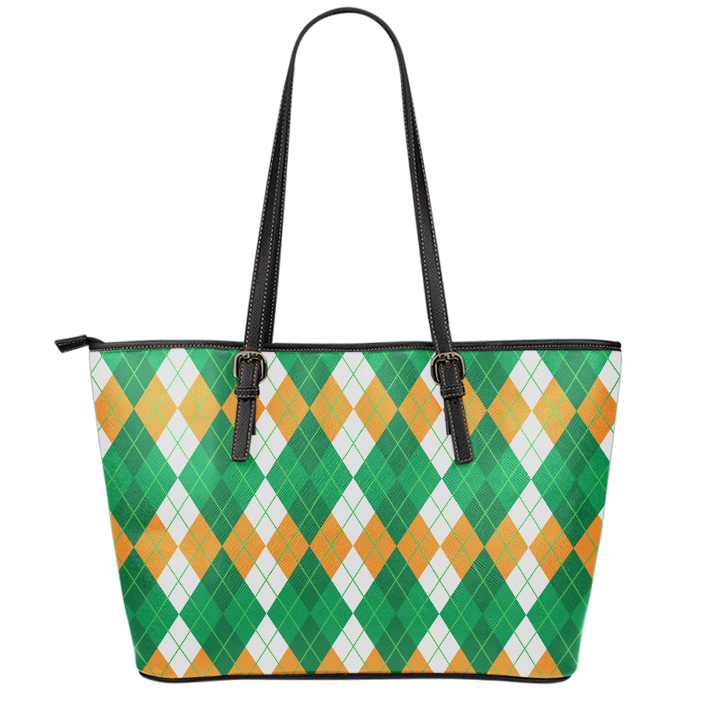 Green Orange And White Argyle Print Leather Tote Bag