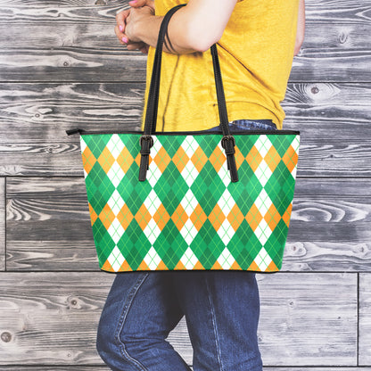 Green Orange And White Argyle Print Leather Tote Bag