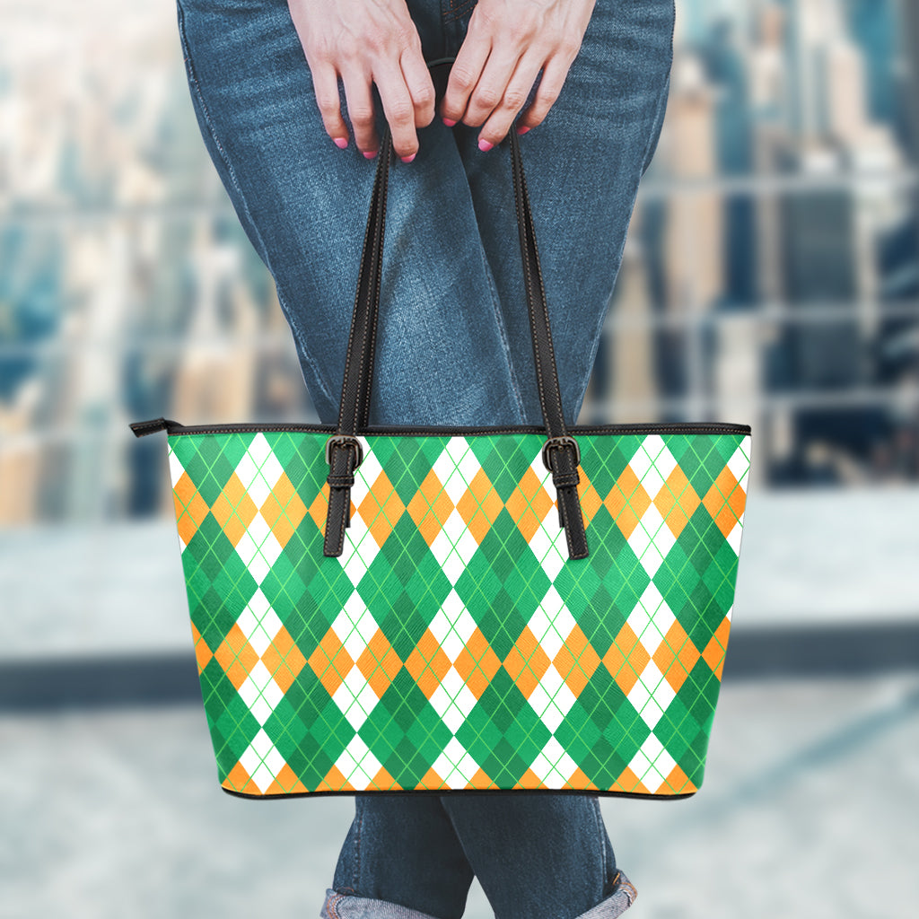 Green Orange And White Argyle Print Leather Tote Bag