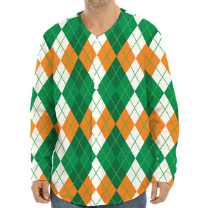 Green Orange And White Argyle Print Long Sleeve Baseball Jersey