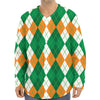 Green Orange And White Argyle Print Long Sleeve Baseball Jersey