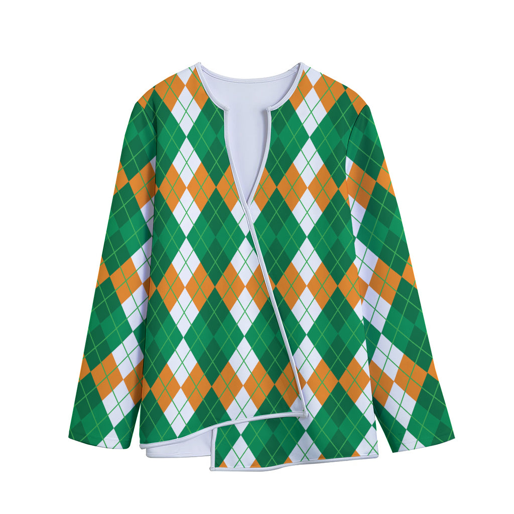 Green Orange And White Argyle Print Long Sleeve Short Coat