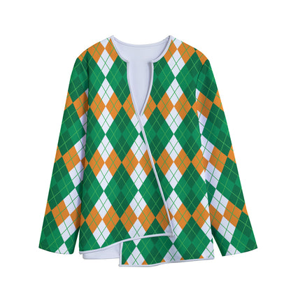 Green Orange And White Argyle Print Long Sleeve Short Coat