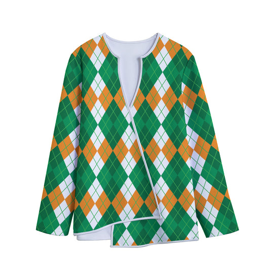 Green Orange And White Argyle Print Long Sleeve Short Coat