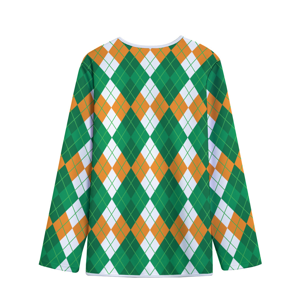 Green Orange And White Argyle Print Long Sleeve Short Coat
