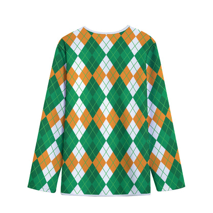 Green Orange And White Argyle Print Long Sleeve Short Coat