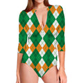 Green Orange And White Argyle Print Long Sleeve Swimsuit