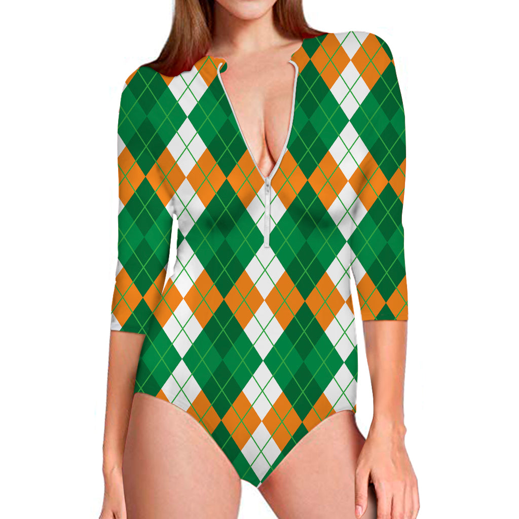 Green Orange And White Argyle Print Long Sleeve Swimsuit