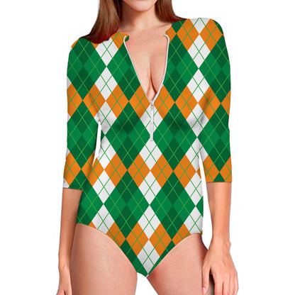 Green Orange And White Argyle Print Long Sleeve Swimsuit