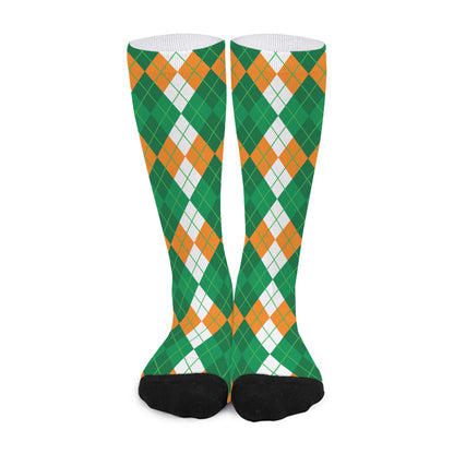 Green Orange And White Argyle Print Long Socks