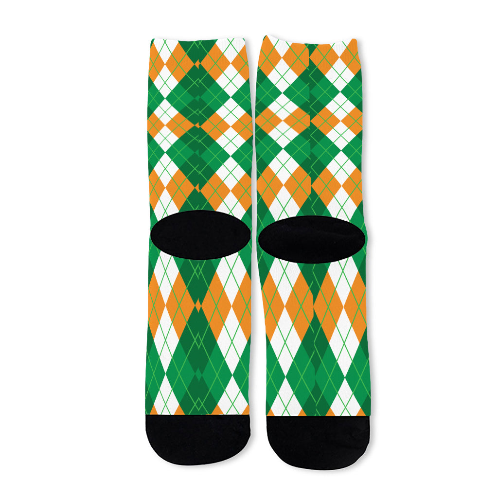 Green Orange And White Argyle Print Long Socks