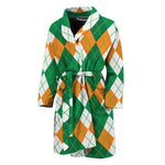 Green Orange And White Argyle Print Men's Bathrobe
