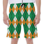 Green Orange And White Argyle Print Men's Beach Shorts