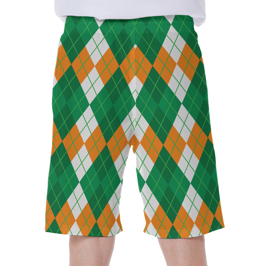 Green Orange And White Argyle Print Men's Beach Shorts